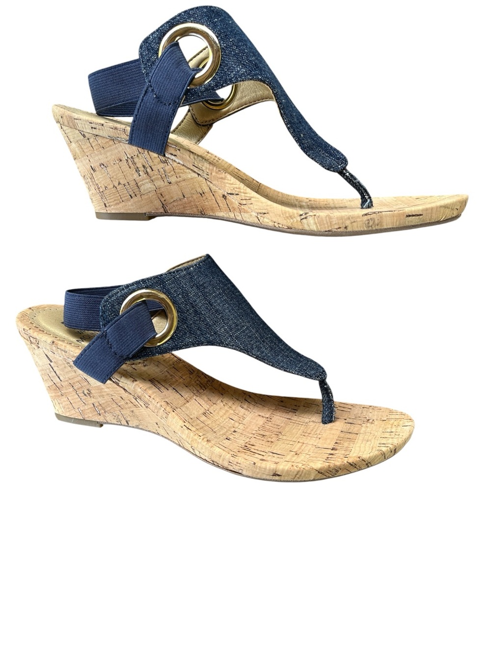 White Mountain Aida Denim Blue Cork Wedge Thong Sandals Size 7 1/2 M